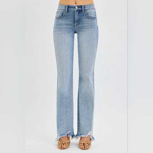 RISEN Full Size Tummy Control Mid Rise Flare Jeans with Fray Hem Detailed Plus S - Picture 1 of 4